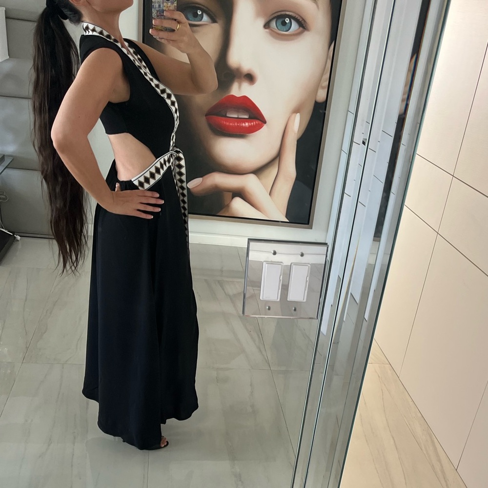 Black Maxi Dress with Ivory Geometric Trim and Front Slit - Picture 5 of 11